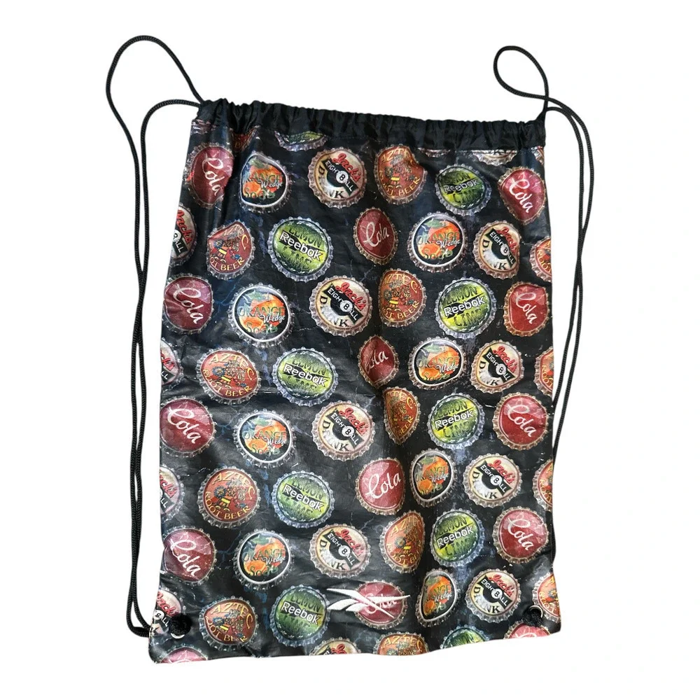Vintage Reebok Black Multicolor Beverage Caps Print Drawstring Bag